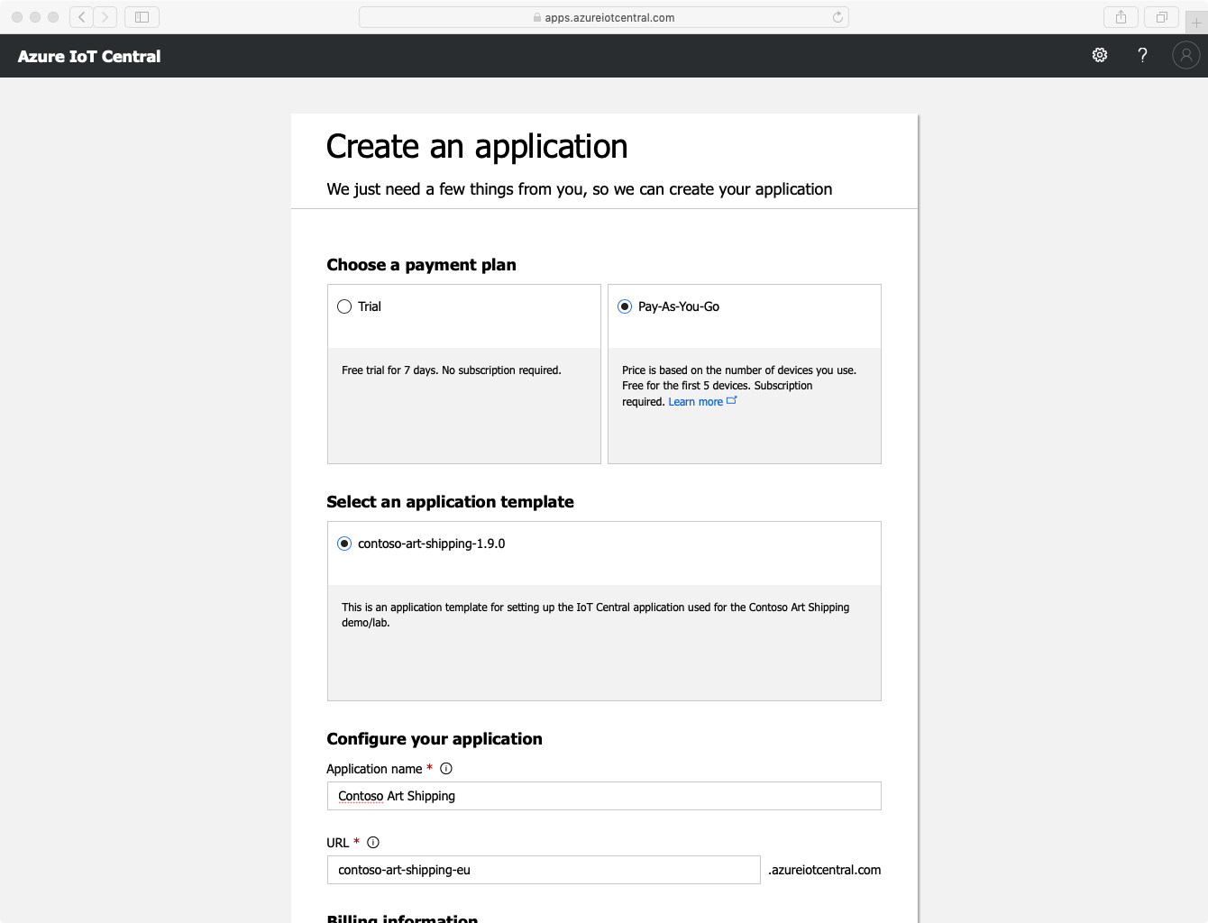 IoT Central - Application creation form