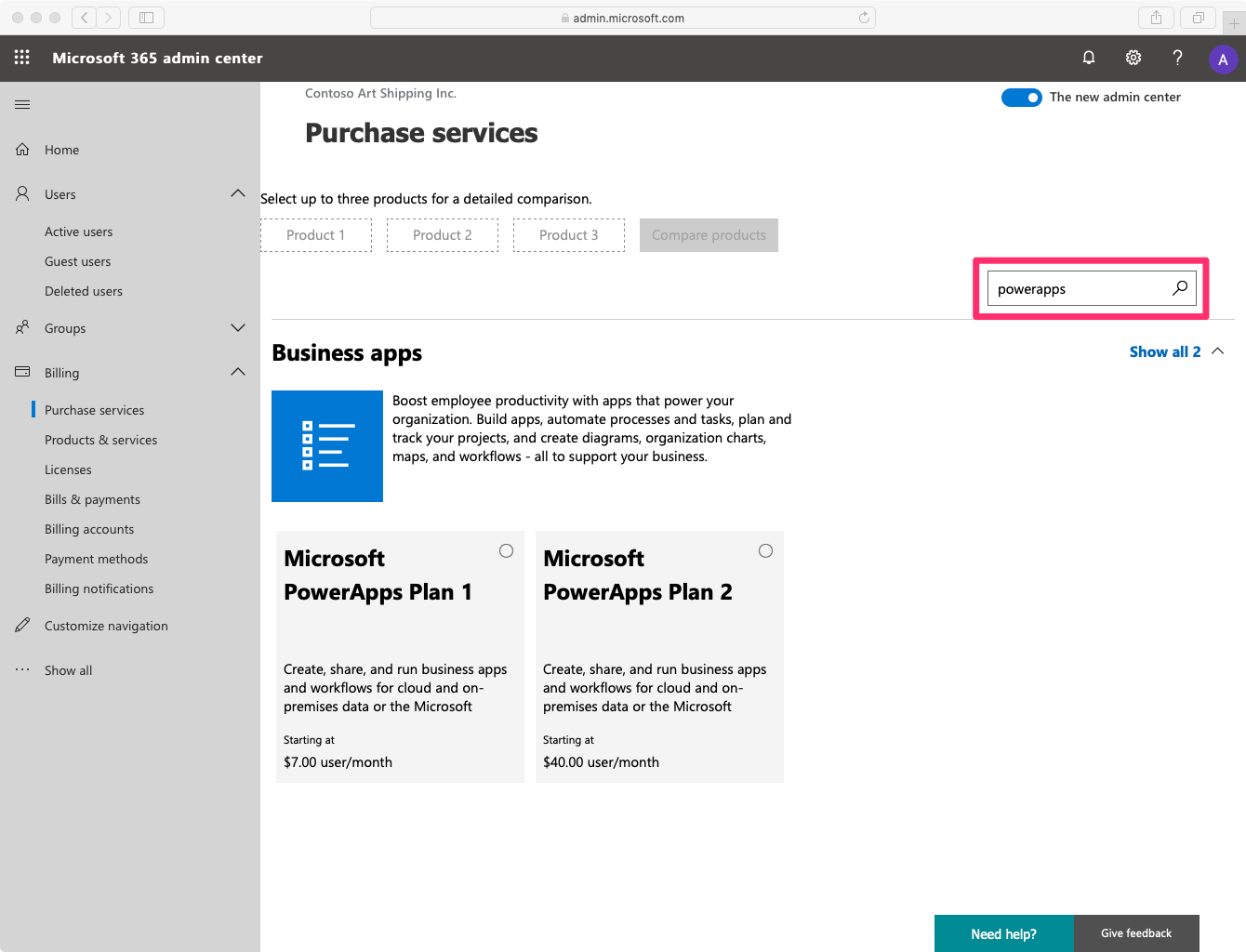 Microsoft 365 Admin Center - Purchase services: powerapps