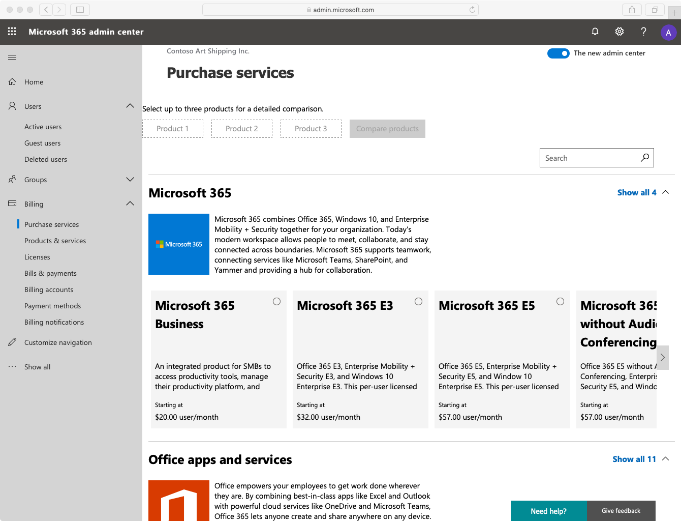 Microsoft 365 Admin Center - Purchase services